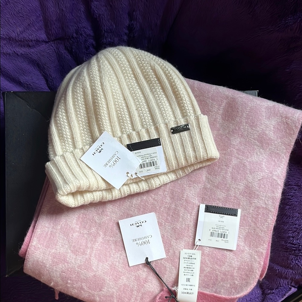Coach Cream Beanie and Pink Scarf Set